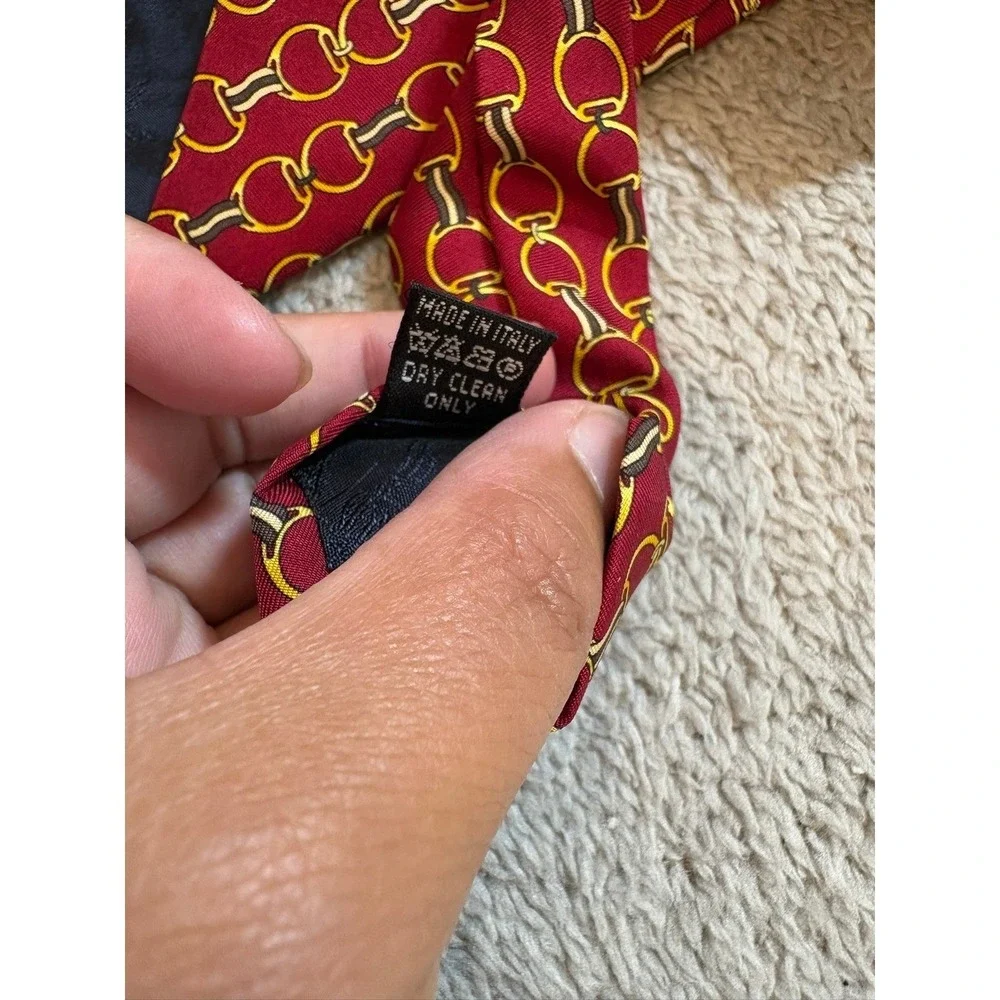 Vintage Burberry's Silk Tie Red‎ Gold Equestrian Horsebit Chain Made in England